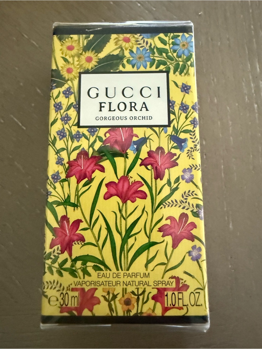 Gucci Flora Gorgeous Orchid Yellow Floral Packaging with Pink Orchids